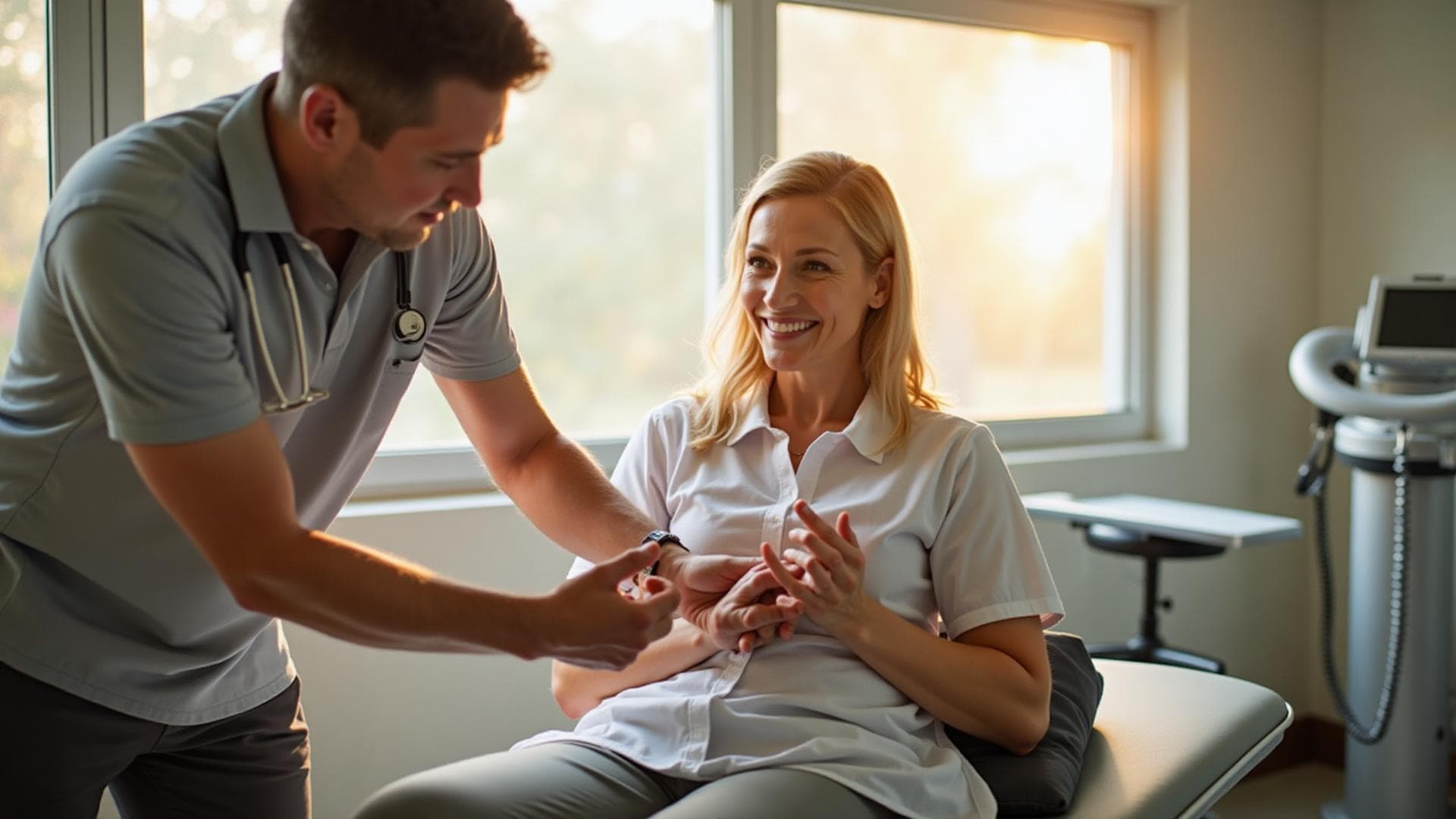 Fisioterapeuta atendiendo a una paciente sonriente